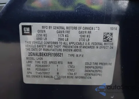 2015 Chevrolet Equinox 1Lt из США, поврежденный, VIN 2GNALBEKXF6196621